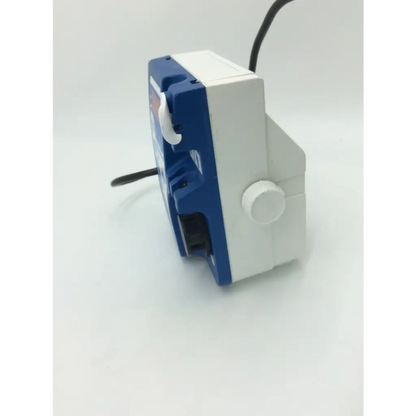 Blue and white plastic tyco healthcare kangaroo 924 enteral feeding pump with black cable attached for medical use