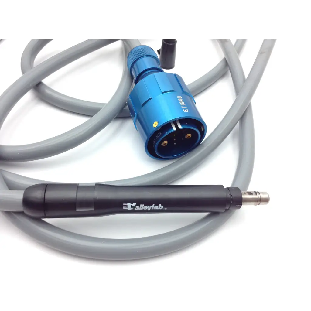 Blue and black valleylab cusa excel dental handpiece with gray cable and 4.57cm straight tip shown from front angle