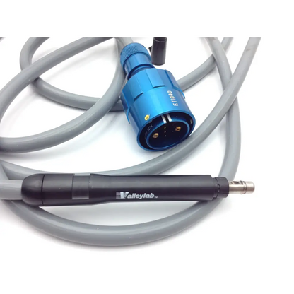 Blue and black valleylab cusa excel dental handpiece with gray cable and 4.57cm straight tip shown from front angle