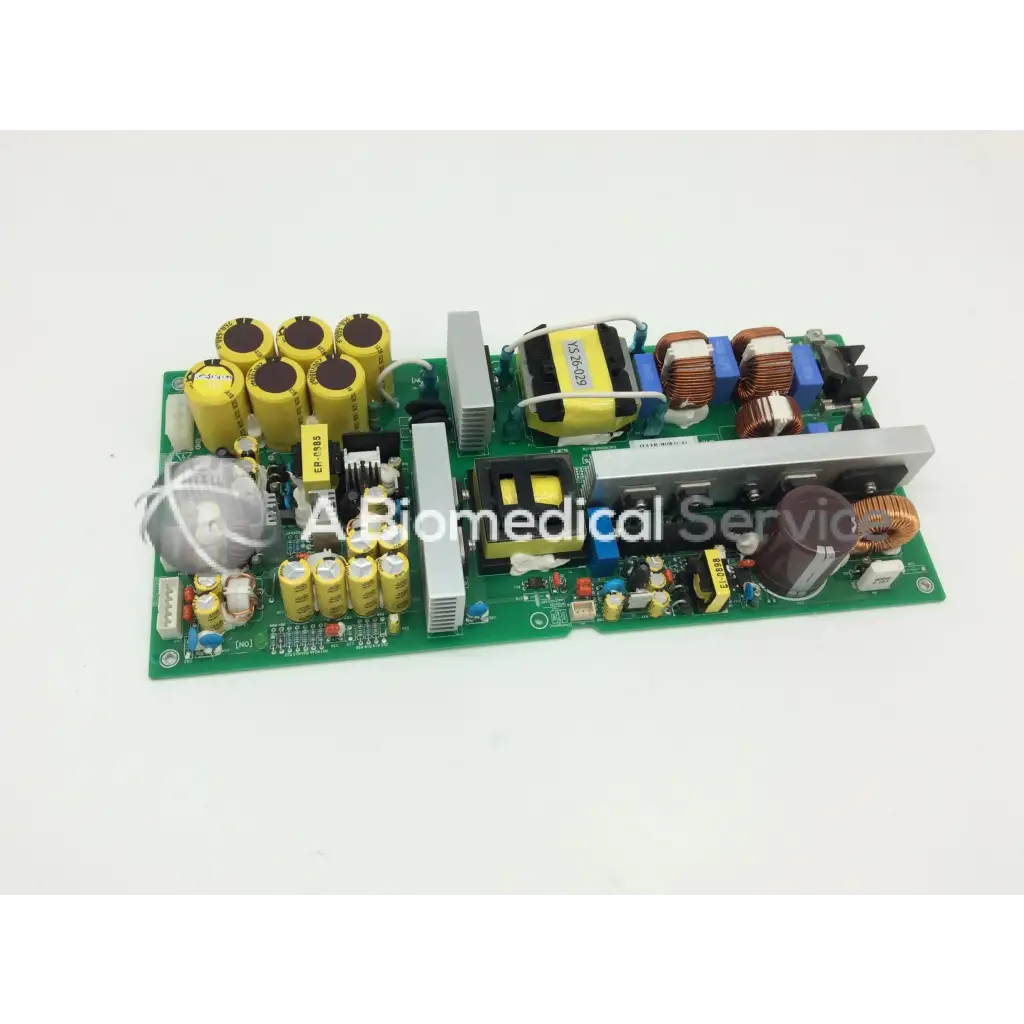 Close-up of vatech panoramic dental x-ray model vt-pwr-004 circuit board with yellow capacitors and silver heat sinks