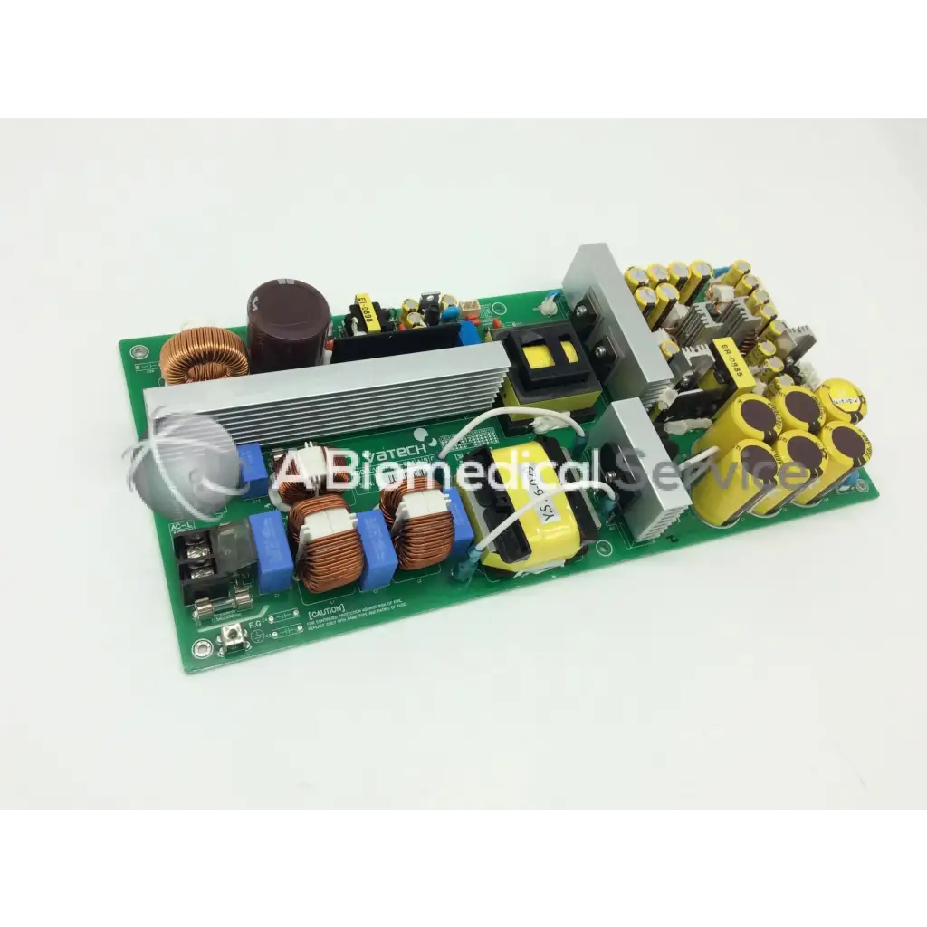 Green printed circuit board with yellow capacitors copper coils and silver heat sinks in vatech panoramic dental x-ray vt-pwr-004