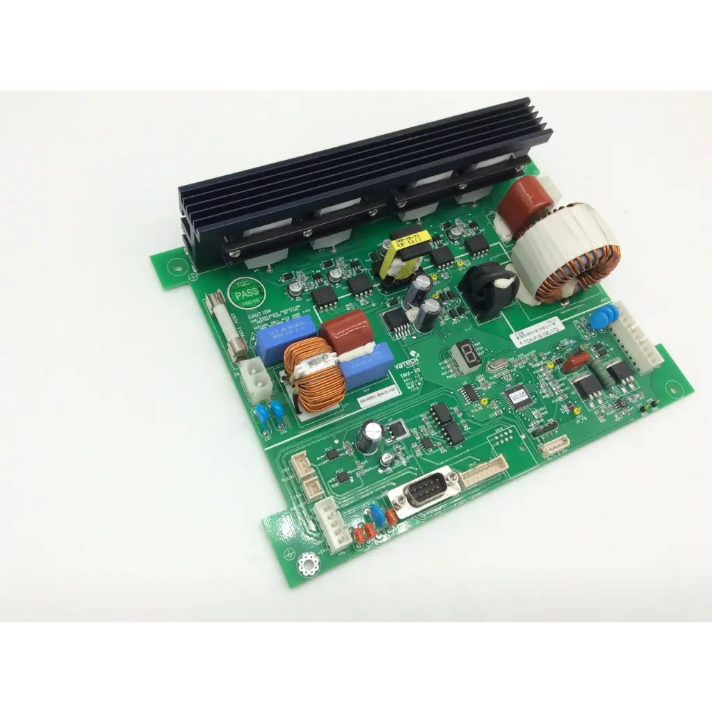 Green printed circuit board with black heat sink orange and blue capacitors and coil inductor for inv-10 hd01 b1529-12b humanray
