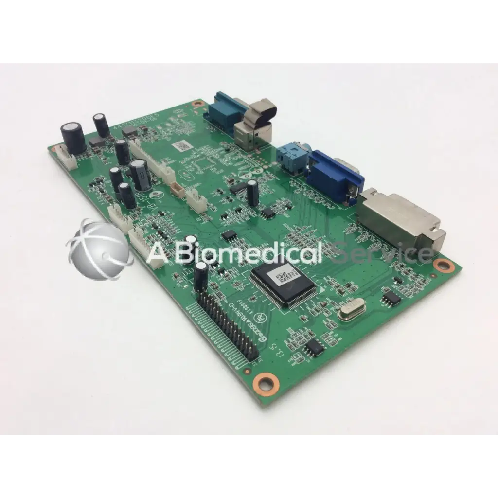 Green printed circuit board vb-1518 4417113200f5 qd96 with black capacitors blue connectors and central e198919 board chip