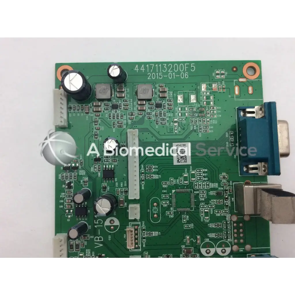 Green circuit board with black capacitors silver connectors and blue vga port vb-1518 4417113200f5 qd96 e198919 board