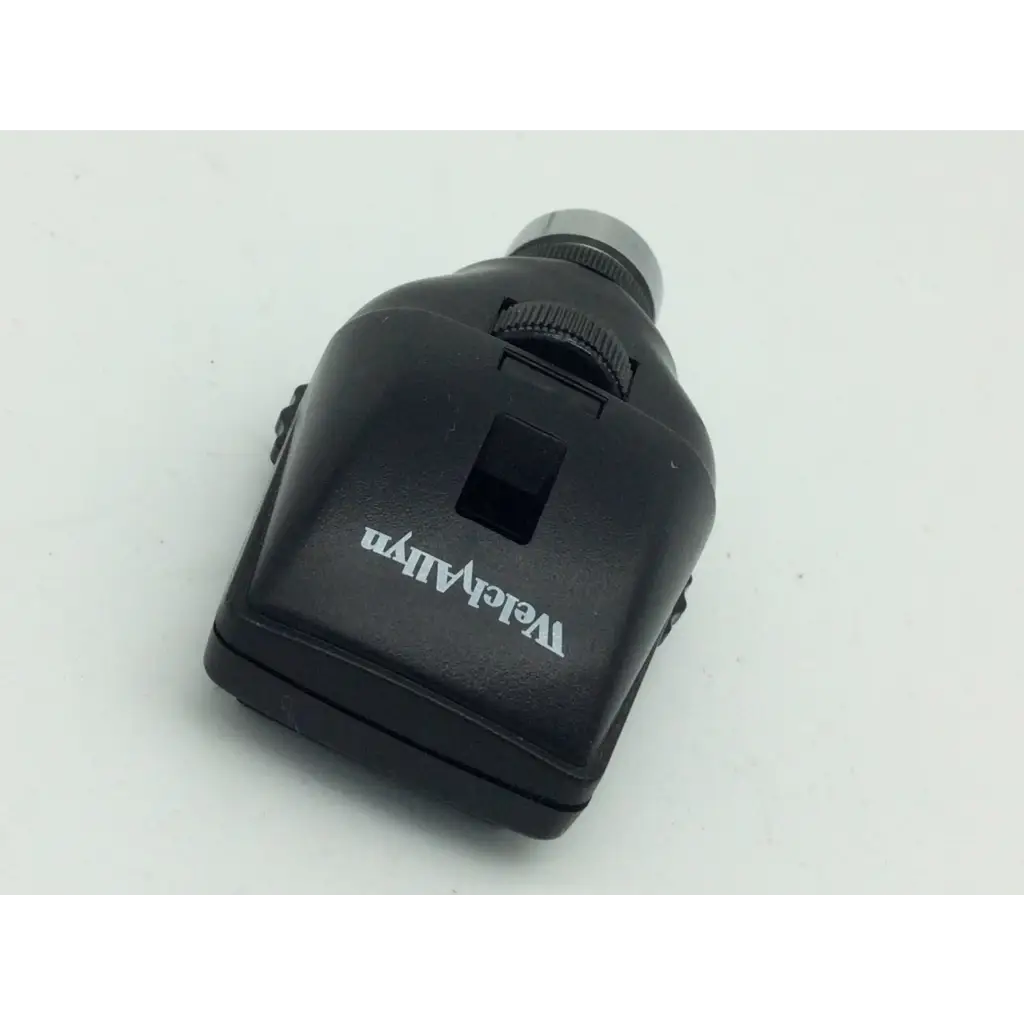 Black welch allyn standard ophthalmoscope head with silver lens cap and textured grip for professional use