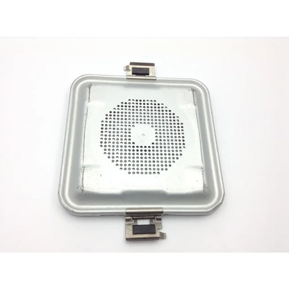 Silver metallic rectangular tray with circular perforated pattern and two magnetic clasps for hall wiredriver pneumatic hose orthopedic use