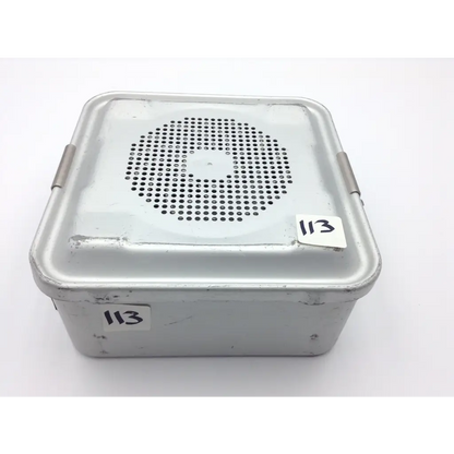 Silver metallic rectangular container with perforated lid and side latches marked 113 for zimmer hall wiredriver pneumatic hose orthopedic driver