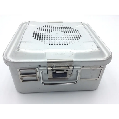 Silver metallic surgical instrument case with perforated lid and handle for Zimmer hall wiredriver pneumatic hose orthopedic driver