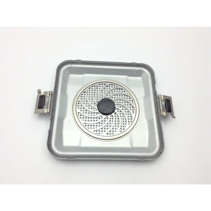 Silver metallic square-shaped air fryer basket with circular perforated insert and black knob for hall wiredriver pneumatic hose orthopedic use