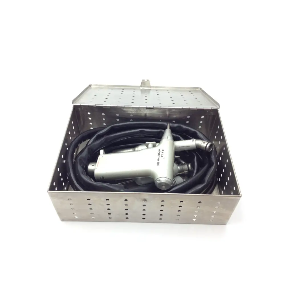 Zimmer hall surgical micro 100 set silver instrument with black tubing in a perforated metal sterilization box case