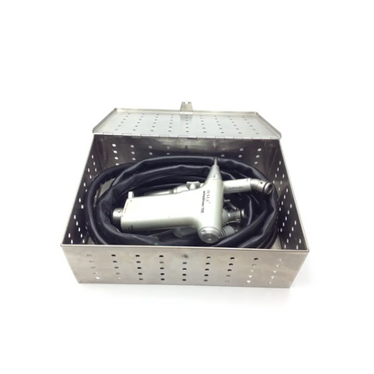 Zimmer hall surgical micro 100 set silver instrument with black tubing in a perforated metal sterilization box case