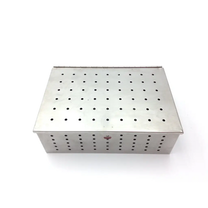 Rectangular stainless steel perforated box with hinged lid for zimmer hall surgical wire driver 100 5053-13 with hand pieces