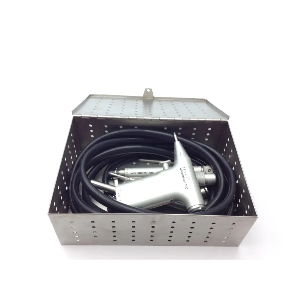 Silver dental handpiece with black coiled hose inside perforated metal box for zimmer hall surgical wire driver 100 5053-13