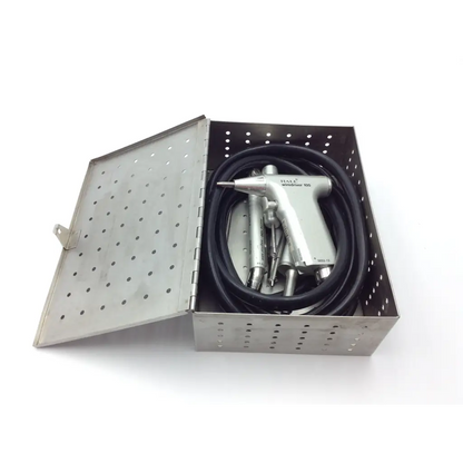 Silver hale air-driven 900 dental handpiece with black coiled hose and bits in metal case for zimmer hall surgical wire use