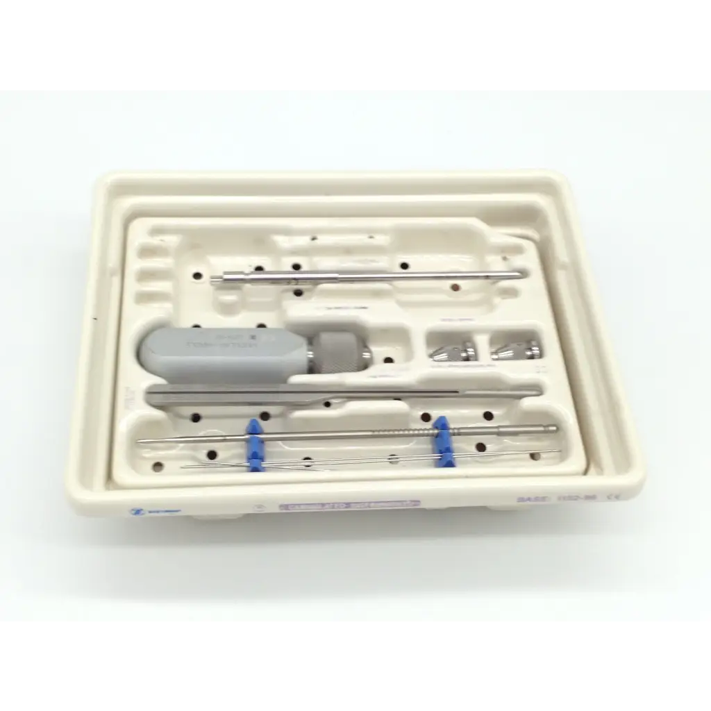 Zimmer herbert whipple orthopedic bone screw system surgical kit with stainless steel tools and gray handles in molded tray